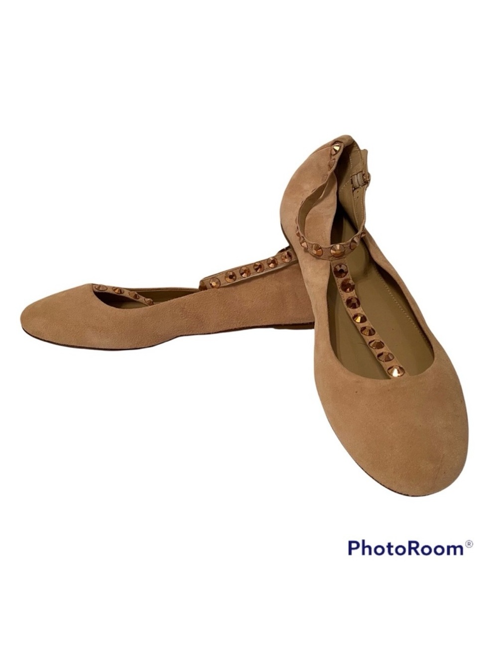 J. CREW NEW SHOES FLATS TAN SUEDE LEATHER T ANKLE STRAPS ROSE GOLD STUDS SIZE 8
